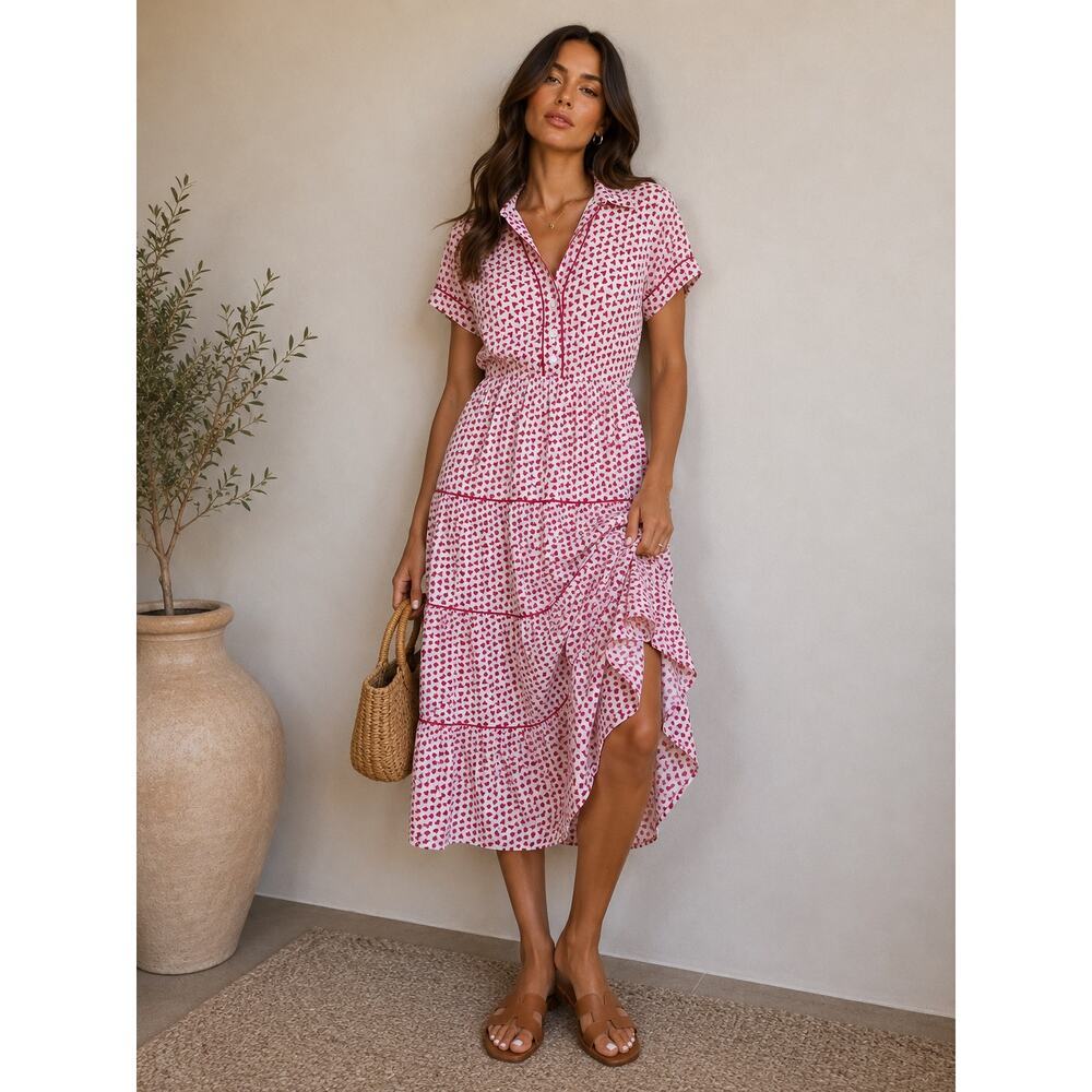 Hampton House Heart Print Tiered Maxi Shirt Dress White Red Women's Size XS